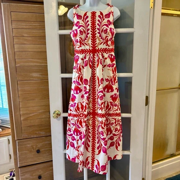 Boden Lauren Cotton Midi Dress Poppy Red Elaborate Flora 6 R NWT - Picture 6 of 14